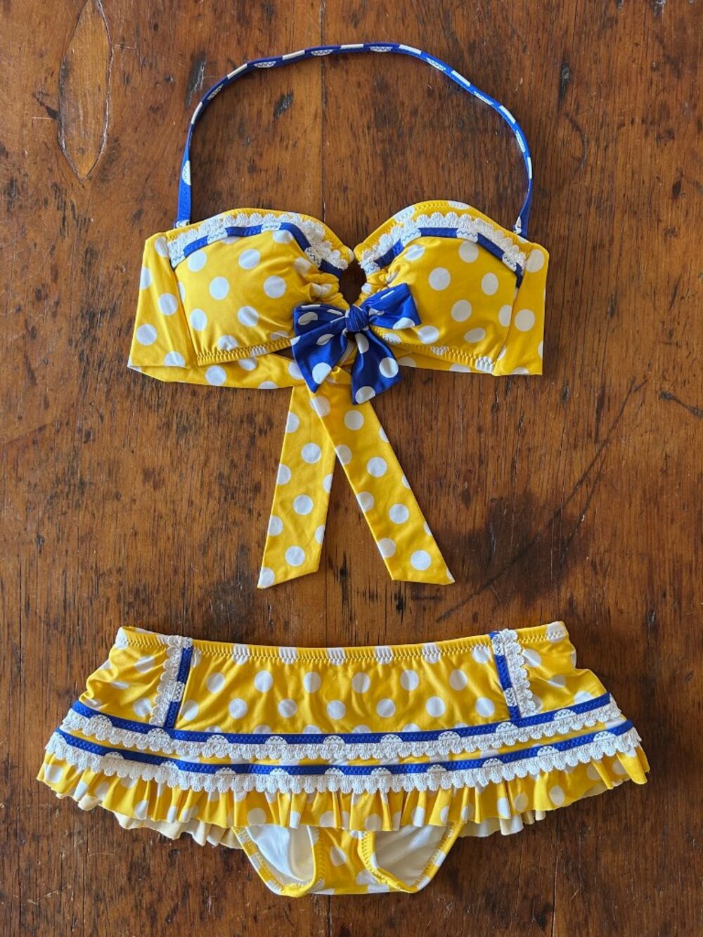 Vintage Betsey Johnson Yellow Polka Dot Skirted Bikini Set